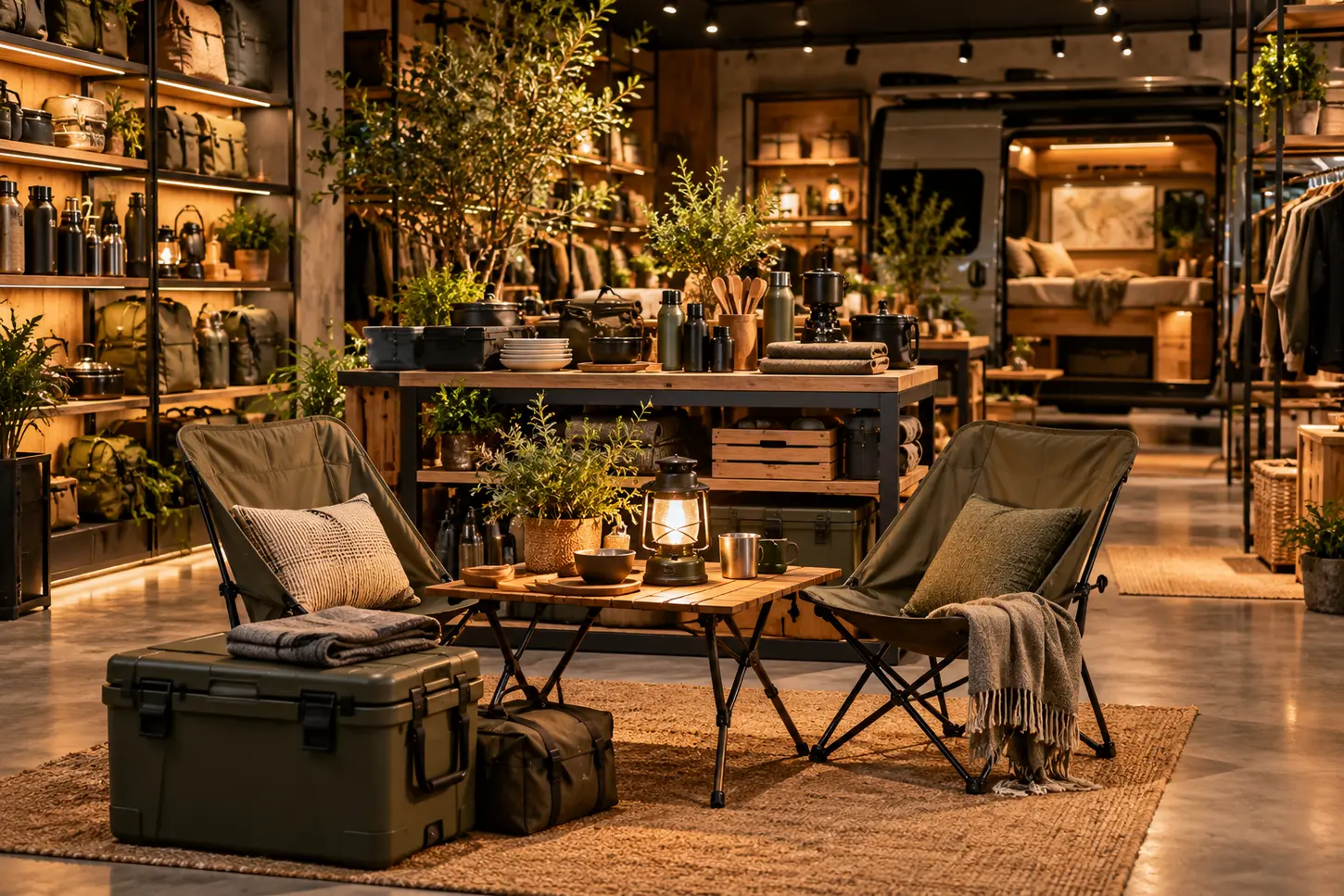 Accessoires de voyage présentés dans une boutique, illustration d’ambiance
