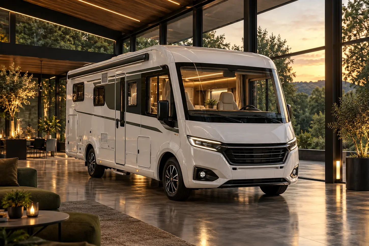 Camping-car dans un espace d’exposition contemporain, illustration d’ambiance