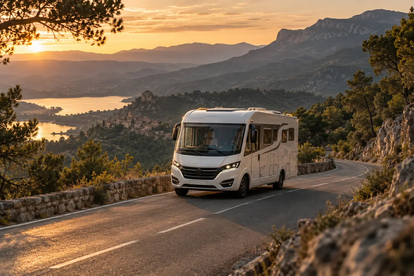 Camping-car sur une route sinueuse au coucher du soleil, illustration d’ambiance