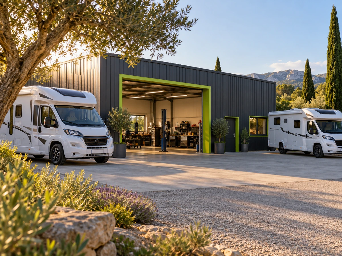 Camping-car devant un atelier spécialisé
